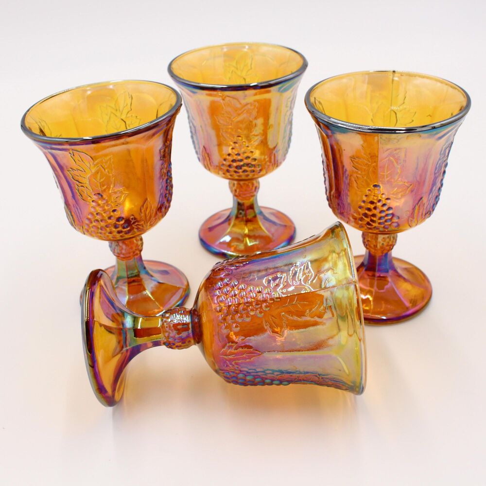 Vintage Indiana Carnival Glass Goblet Set of 4 Iridescent Gold Harvest Grape